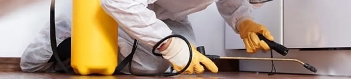 Roach exterminator treating cracks and crevices along kitchen baseboards in Lakeland, FL